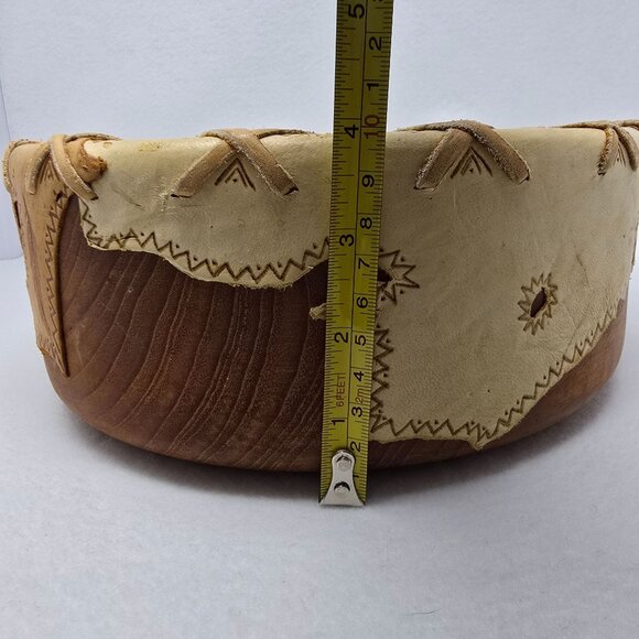 Wood Bowl 12" Leather Overlay Handmade Possibly Native American Round Wooded - Picture 8 of 14